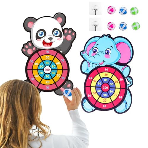 Dartscheibe Kinder,Mengger 2pcs Kinder Dartscheibes Elefanten und Pandas Geschenke Kinder Klett Dartscheibe Mit 6 Klebrigen Bällen Geschenke für Kinder 4-11 Jahre Wurfspiel Set