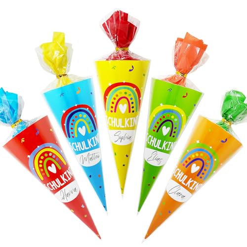 YUNYAKARSA 10 Stück Schultüte Jungen Mädchen, 28cm Geschwister Schultüte Klein Zuckertüte Kleine Schultüte Mädchen Jungen, Mini Schultüte zum Befüllen, Bunte Zuckertüte Junge Mädchen