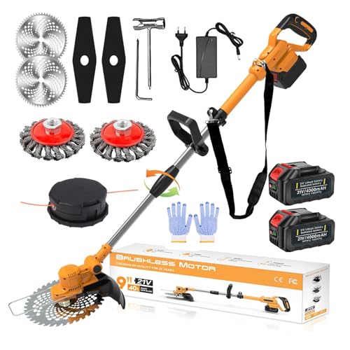 Akku Rasentrimmer mit Akku und Unkrautbürste 4 in 1 Freischneider mit Unkrautbürste 21V Bürstenloser Freischneider, Elektro Motorsense mit 2 Akku 4.0Ah und Ladegerät Teleskop, Verstellbarer, Orange