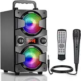 TENMIYA Bluetooth Lautsprecher, 60W Musikbox Bluetooth Box mit FM Radio, Mikrofo, Bunte Lichter. Lautsprecher Boxen Bluetooth für Home Party