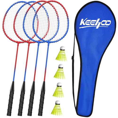 KH Federball Set Badminton Schläger Set of 4 für Erwachsene Kinder, 4 Schläger, 4 Federbälle und Tragetasche im Lieferumfang