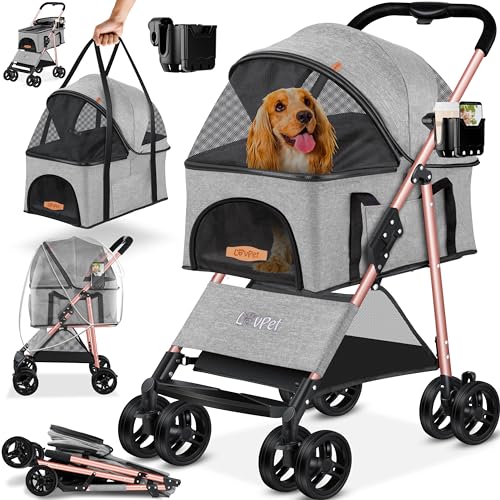 LOVPET® Hundewagen 2in1 Hundebuggy Hundebox Transporttasche Faltbar klappbar bis 20kg Haustiere Buggy mit Netzfenstern Getränkehalter & Regenschutzabdeckung Jogger Katzenbuggy für Hunde Katzen,