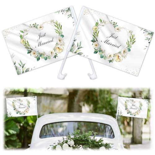 2 Stück Hochzeit Auto Deko, Just Married Autofahne, Fahnen für Wedding Auto, Hochzeitsauto Deko, Hochzeitsdeko Auto Fahne(47×30cm）