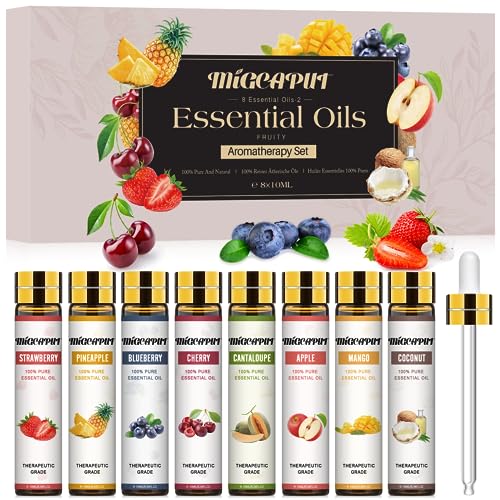 Migcaput 8X10ml Fruchtiges Ätherische Öle Set, Ätherische Öle für Diffuser Luftbefeuchter Kerzen, 100% Naturrein Essential Oils Aromaöl - Erdbeere, Blaubeere, Kirsche, Kokosnuss