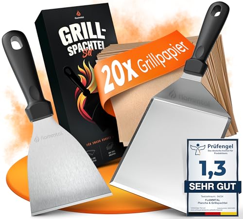 flammtal Smash Burger Set inkl. 20x Burgerpapier - Grillspachtel Set aus Edelstahl - Hochwertiger Plancha Spachtel - Spülmaschinengeeignete Grill Spachtel für Teppanyaki - Ideales Grill Zubehör