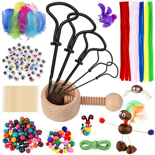 DazSpirit Kastanienbohrer Set, Handbohrer Kastanien Mit Handbohrer(Verschiedene Größen), Federn, Pompons, Plüschstreifen, Lebende Augen, Zahnstocher, Kastanien Basteln Werkzeug Für Kinder