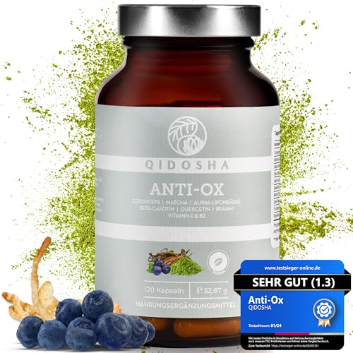 QIDOSHA® ANTI-OX Antioxidantien Komplex ² und Haut Komplex ³, TESTSIEGER 01/2024*, Antioxidantien hochdosiert, Zellschutz vor freien Radikalen, u.a. mit Alpha-Liponsäure, Cordyceps, Quercetin, Brahmi