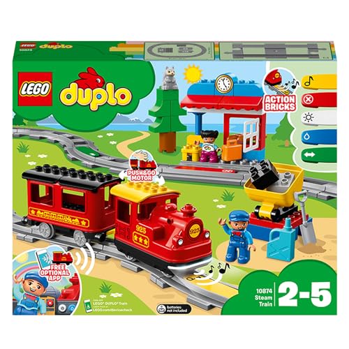 LEGO DUPLO Dampfeisenbahn, Eisenbahn-Spielzeug aus LEGO Steinen mit Tierfigur, Zug-Spielzeug für Jungen und Mädchen, mit Licht & Geräuschen sowie Push-&-Go-Motor, Geschenk für Kinder ab 2 Jahren 10874