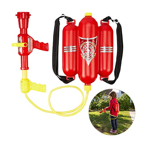 Relaxdays 10027680 Feuerwehr Wasserspritze, 2,5 l Wassertank, 5 m Reichweite, 2 Sprühfunktionen, Löschrucksack Kinder, rot-gelb