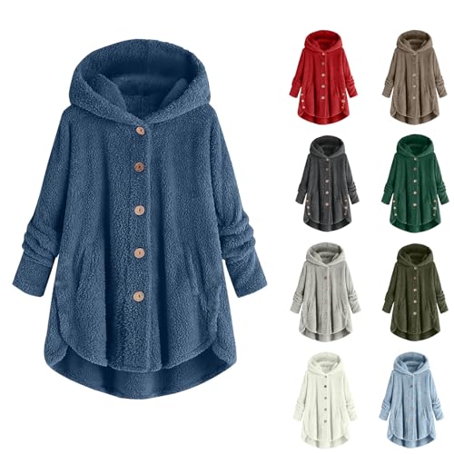 Generisch Teddyjacke Damen Lang mit Kapuze Teddyfleece Jacke Herbst Teddy Mantel Oversize Bademantel Damen Frottee Bequeme Hausmantel Kapuzenpullover Gutscheine Sale Angebote Blau S