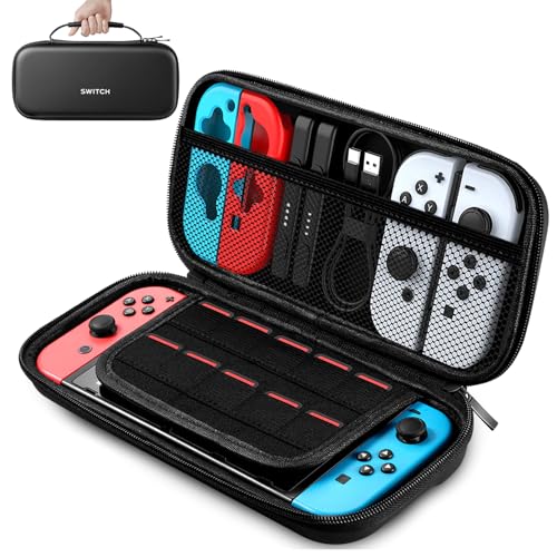 Vivideox Tasche Kompatibel mit Nintendo Switch/Switch OLED Modell, Tragbare Hartschalentasche Switch Tragetasche Hülle, Schützende Switch Reisetasche mit 10 Spielefächern für Switch Zubehör, Schwarz