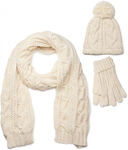 styleBREAKER Schal, Mütze und Handschuh Set, Zopfmuster Strickschal mit Bommelmütze und Handschuhe, Damen 01018208, Farbe:Creme-Beige / Schal (One Size)