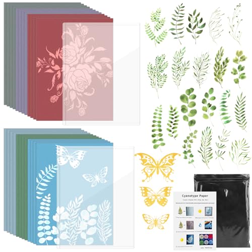 Cyanotypie Papier A5 Cyanotype kit 51 Stücke Sonnendruckpapier Kinder 24 Stücke Buntes Cyanotypie Hochempfindliches Sonnendruckpapier mit Acryltafel DIY Kunst Handwerk Papier