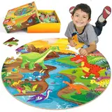 SYNARRY Große Dinosaurier Bodenpuzzle für Kinder ab 3 4 5 6 7 8 Jahren, 70 Teile Kinderpuzzle Dino Holz, Lernspielzeug Geschenk für Jungen Mädchen