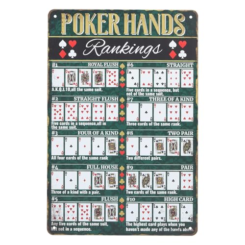 GLOBLELAND Poker Hands Rankings Metallblechschild 12x8 Zoll/30x20 cm Für Garagenschilder Gartenschilder Kunstplakette Poster Wanddekoration Texas Hold'Em Blechschild Für Zuhause Küche Bar Club