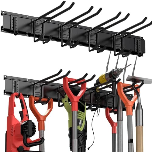 Gaethra Gerätehalter mit 6 Wandhalterung Wandhaken, Gartengerätehalter Einstellbar, Gartengeräte Aufhängung für Garage Organisation, Garten, Hof, Keller, Schwarz