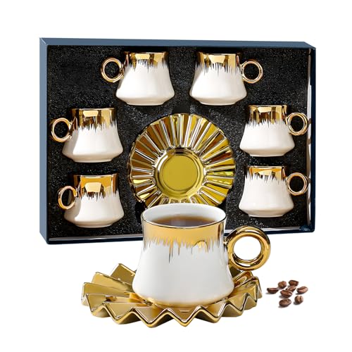 6PCS Teeservice für Porzellan Europäisches, 100 ML Keramik Kaffeeservice mit Kaffeetassen und Untertassen, Tee Service für Nachmittagstee, Boutique Teeservice aus Porzellan, Kaffee Set, Geschenk-Box