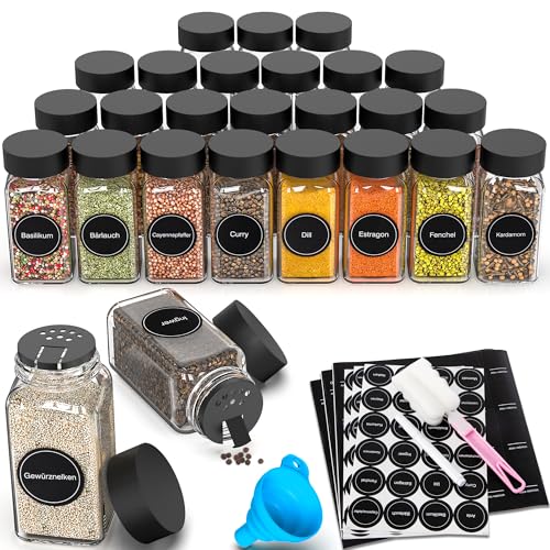 DIFULI 24 Gewürzgläser Eckig Set mit Deckel, 120ml Gewürzdosen mit 340 Etiketten, Gewürzstreuer Spice Jars Gewürzbehälter mit Trichter mit Streueinsatz,Leeren Aufklebern, Sieben, Organizer Küche