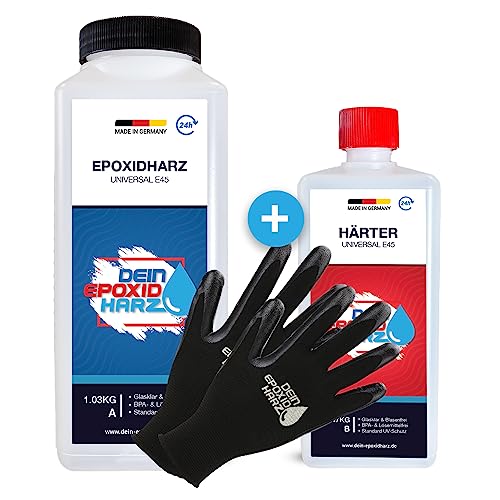 Epoxidharz mit Härter | 1,5kg GfK set | Profi Qualität glasklar & geruchsarm | Gießharz für Holz + Schutzhandschuhe