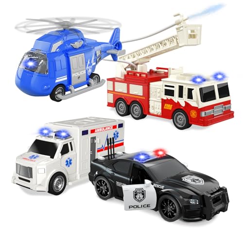 Rettungsfahrzeug-Spielset, 4er-Pack 1:20 Krankenwagen-Spielzeug, Feuerwehrauto, Krankenwagen, Spielpolizeiauto und Spielzeug-Hubschrauber, Kinderspielzeug für Jungen 2 3 4 5 6 Jahre alt ift