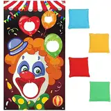 Kiwochy Clown Party Wurfspiel mit 4 Bohnen Säcke Clown Banner Karneval Spiele Zirkus Geburtstag Deko Banner Sandsack Wurfspiel Kinder Outdoor Wurfspiel für Familientreffen Preisspiele Gruppensport