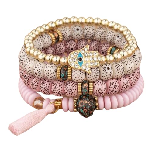 Set aus 4 eleganten Bohemian Stretch Multilayer Perlenarmbändern, trendiges Hamsa Palm Design, Damentagsschmuck Geschenk für Damenmädchen, ca. 18cm, 35g (Rose)