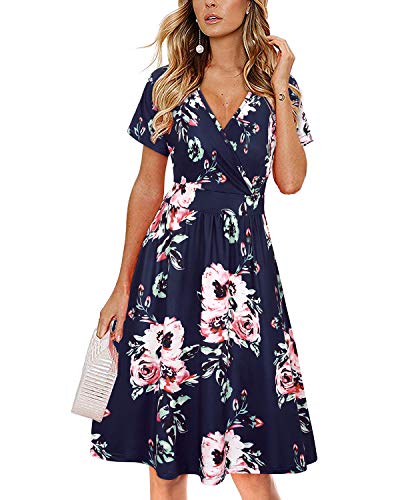 VOTEPRETTY Sommerkleid Damen Knielang Kleid Kurzarm V Ausschnitt Wickelkleid Blumen Strandkleid mit Taschen