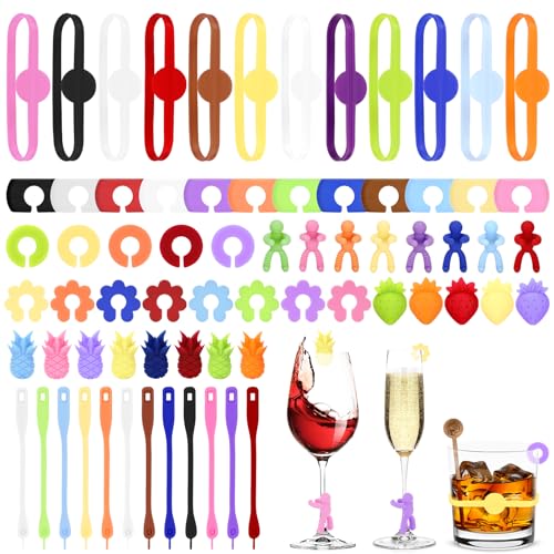 Kasanni Glasmarkierer 70 Pcs Glas Markierung TrinkgläSer Wiederverwendbar Glasmarkierer Silikon Geeignet FüR Bar-Partydekorationen Wie WeingläSer, ChampagnergläSer, MartinigläSer Usw.