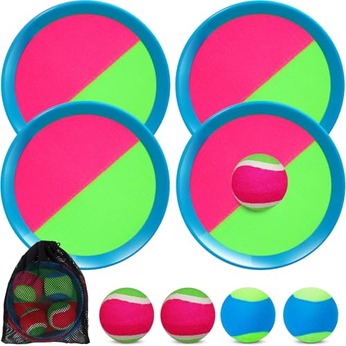 Jovicos Klettballspiel, Gartenspielzeug Outdoor Spiele, Klettballspiel für Kinder ab 3 4 5, Outdoor Spielzeug Sommer Spielzeug Draußen, Fangballspiel mit 4 Fangscheiben 4 Bälle