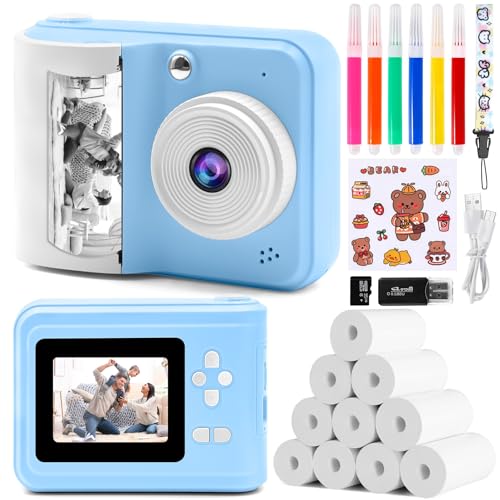 Kinderkamera Sofortbildkamera 1080P 2,4 Zoll Bildschirm Sofortbildkamera Kinder mit Druckpapier & 32GB TF Karte, Digitalkamera Kinder mit bunten Stiften Geschenk für Kinder 3-12 Jahre