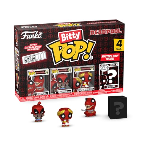 Funko Bitty Pop! Dinopool, Bitty Pop! Deadpool (Barista), Bitty Pop! Deadpool (Roman Senator) und eine Überraschungs-Mini-Figur - 0.9 Inch (2.2 cm) -Regal Inklusive - Geschenkidee