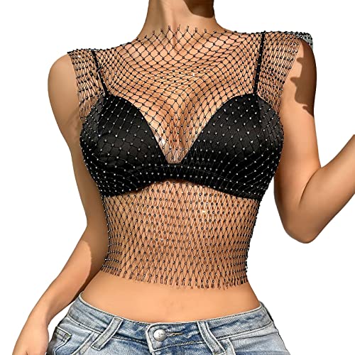 QWUVEDS Sexy Strass-Mesh-Tanktops für Frauen, durchsichtiges -Crop-Top Holzfällerhemd Damen