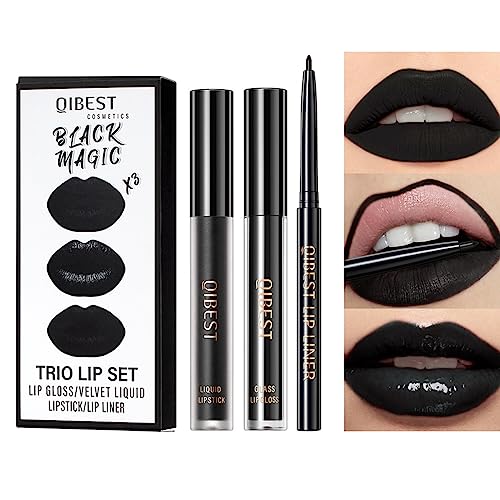 Pakivs 3 Stück Schwarz Matt Flüssiger Lippenstift,Lipliner,Lipgloss Trio Lippen Set Lang Anhaltende Wasserdichte Feuchtigkeitsspendende,Samtige Lippenstifte für Frauen