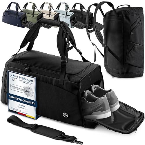 Sporttasche Trainingstasche + Rucksack-Funktion, Schuhfach, Nassfach | 40/60L Reisetasche Schwimmtasche Fitnesstasche Sport Gym Fitness Umhängetasche Handgepäck Weekender Bag Reise Tasche Herren Damen