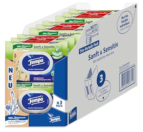 Tempo Toilettenpapier, feucht, sanftundsensitiv Trio-Pack (18 Packungen x je 42 Blatt), Großpackung, 1 kg