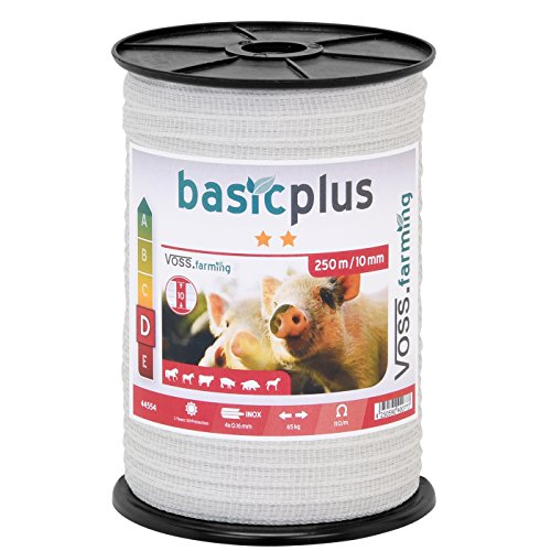 VOSS.farming Weidezaun Band 250m, 10mm, 4x0,16 NIRO Weiß Weidezaunband Breitband Elektrozaun Pferdeband Pony Rind