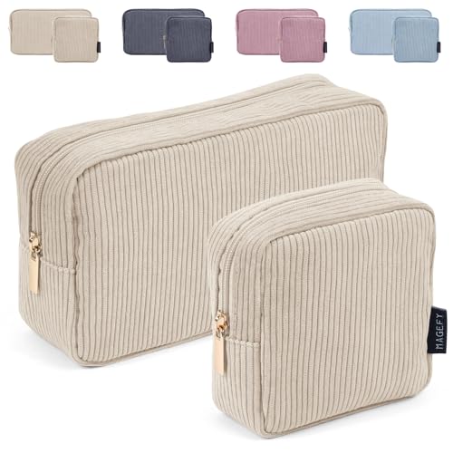 MAGEFY 2 Pcs Kleine Make up Tasche für Handtasche, Cord Make up Tasche mit Fächern Reise Make up Tasche für Mädchen Frauen (Beige)