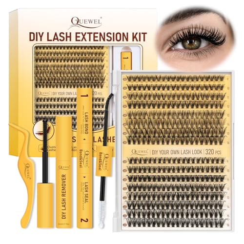 QUEWEL Wimpern Extensions Set 320STK 30D+40D, Lashes Cluster für natürlichen Look DIY zu Hause, Lash Extension mit Wimpernkleber dauerhaft, Wimpern Pinzette und Wimpern Remover (30D+40D-kit)