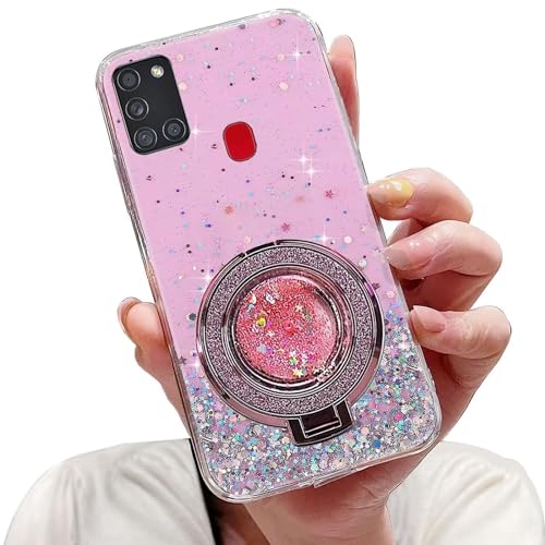 Tivenfezk Nadoli Sparkle Treibsand Ständer Hülle für Samsung Galaxy A21S,Versteckt Ständer Ring Klar Glitzer Stern Handyhülle Durchsichtig Bling Schutzhülle Case Cover,Rosa