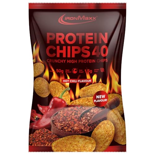 IronMaxx Protein Chips 40 - Hot Chili 1 x 50g | gebackene High Protein Chips, Low Carb und Glutenfrei | in vielen Geschmacksrichtungen erhältlich