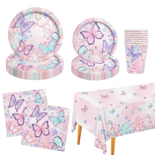 EKKONG Schmetterling Partygeschirr 51 Stück Schmetterlinge Pappteller Kindergeburtstag Set für Jubiläum Geburtstag Picknick-7''/9''Pappteller, Servietten, Tischdecke, Pappbecher