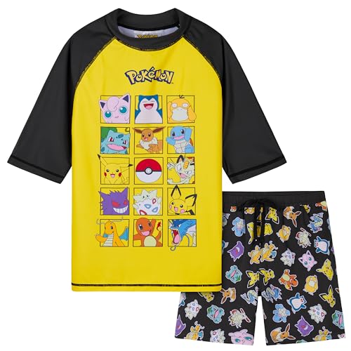 Pokemon Badeanzug Jungen, Zweiteiliger Schwimmanzug - Schwimmshirt & Badeshorts (7-8 Jahre, Gelb/Schwarz)