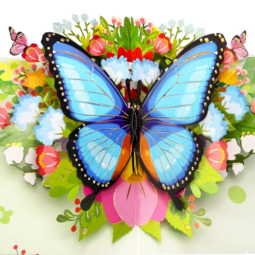 Hierein Pop Up Karte Geburtstag, Blauer Schmetterling und Blumendesign Geburtstagskarte 3D mit Umschlag, Schön und Einzigartig Geburtstagskarte Frau für Mutter Ehefrau Freundin Schwester Tochter