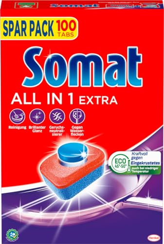 Somat All in 1 Extra Spülmaschinen Tabs (100 Tabs), Geschirrspül Tabs für strahlende Sauberkeit auch bei niedrigen Temperaturen, bekämpfen selbst eingetrocknete Rückstände