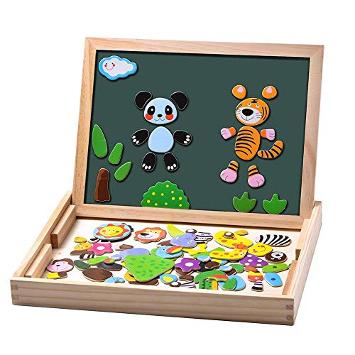 Uping Magnetisches Holzpuzzle Staffelei doppelseitige Tafel Holzbrett Doodle 100 Stücke Rahmenpuzzles für ab 3 Jahre Kinder Wald and Tier