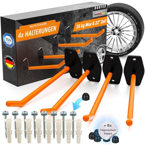 DORFER Reifen Wandhalterung 4er Set | 4x Reifenhalter Wandhalterung gehärteter Stahl inkl. Spezialdübel & Sicherheitsschrauben 60mm | Felgenhalter Wand | Autoreifen Wandhalterung | TÜV zertifiziert