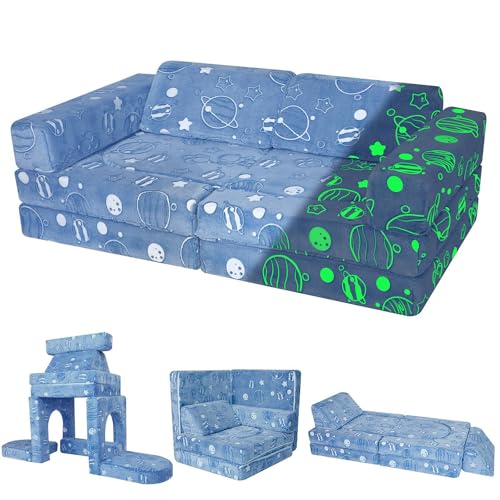 UEPXXOAA Spielsofa for Kinder, 9-teiliges modulares Spielsofa for Kinder, modulares Sofa „Bausteinschloss“ mit komprimierbarem Rückprallschwamm (Color : Blue Patterns, Size : 130 * 70cm(51 * 28in))