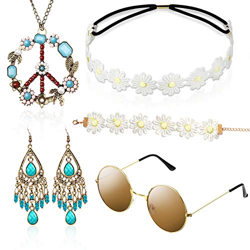 Hippie Kostüm Set mit Sonnenbrille, 5 Stück Hippie Kleidung Damen Herren Accessoires, 60er 70er Jahre Bekleidung, Abba Kostüm - Friedenszeichen Halskette Und Ohrring (türkisfarbener/böhmen Stil)