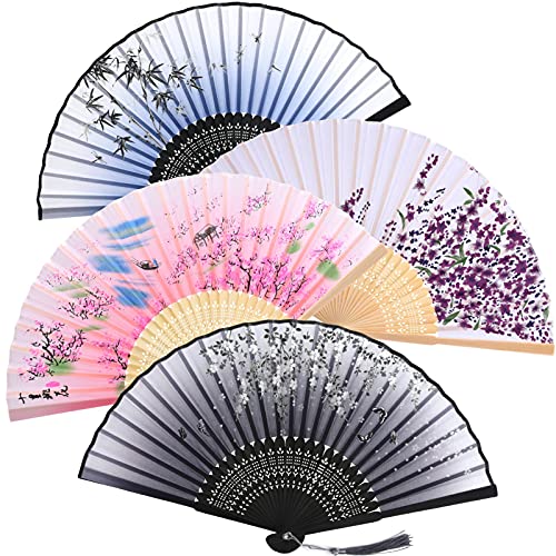 olyee 4 Stück Handfächer Fächer Hand Folding Fans mit Quaste, Handheld Faltfächer für Damen, Ausgehöhlten Fans Vintage Faltfächer für Wanddekoration, Geschenke, Hochzeit