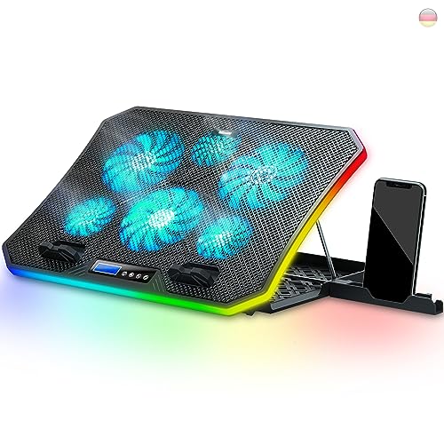 TopMate C12 Kühler RGB Gaming Notebook Kühlpads für Schreibtisch und Schoß, Ständer 8 Höhenverstellbar mit 6 Leisen Lüfter+Handyständer, für 15,6-17 Zoll Laptop-EisBlau LED Licht